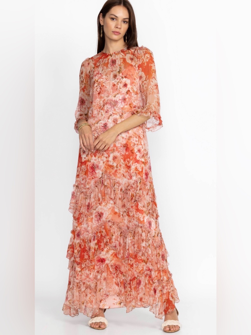 Johnny Was Pink Coral Floral Ruffle Maxi Dress - Picture 3 of 14